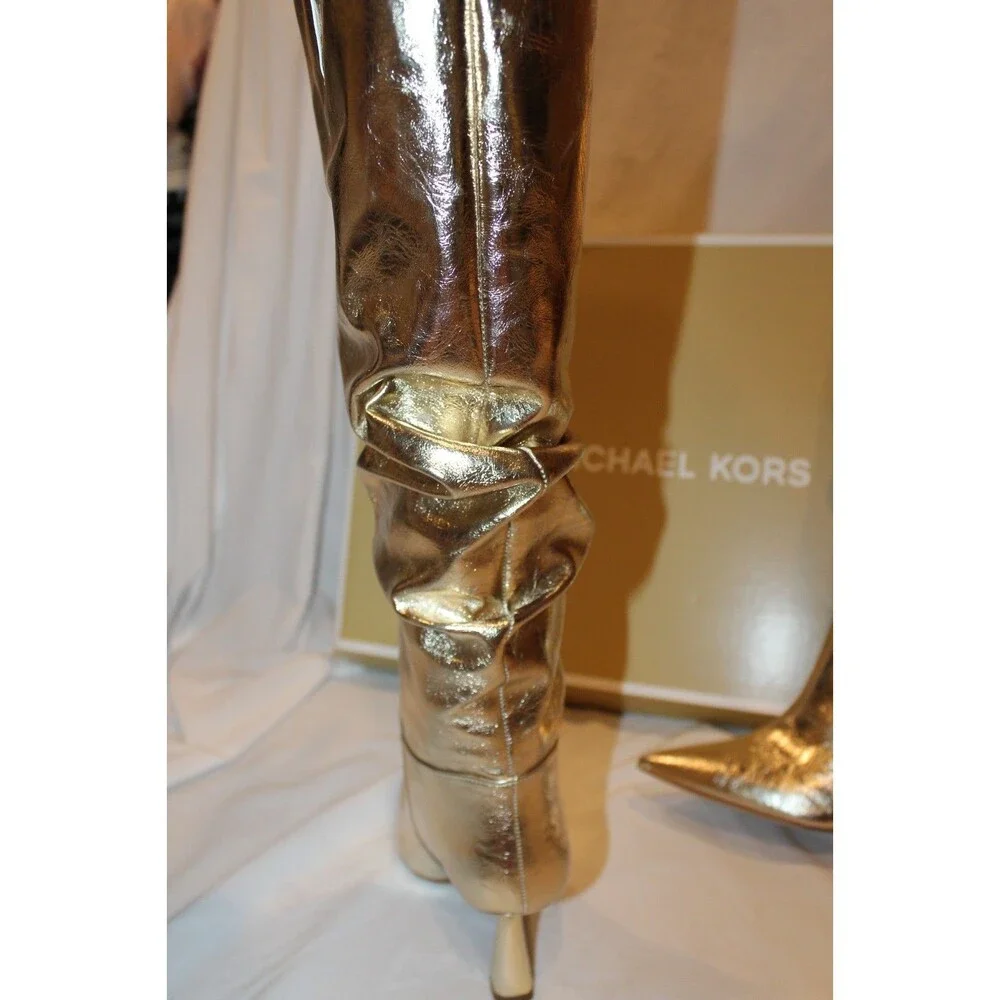 Michael Kors Women's Cracked Metallic Leather Tall Boots Gold NIB SZ 8